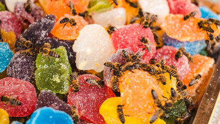bees on jelly mix sugar roll up sweet jelly and flavor fruitの写真素材
