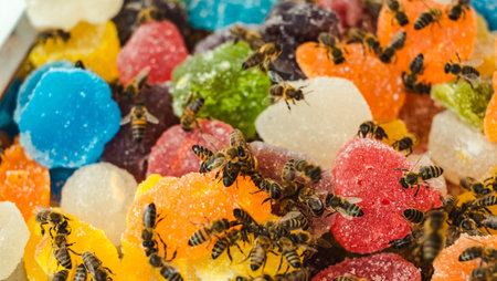 bees on jelly mix sugar roll up sweet jelly and flavor fruitの写真素材