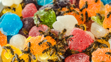 bees on jelly mix sugar roll up sweet jelly and flavor fruitの写真素材