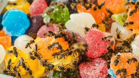 bees on jelly mix sugar roll up sweet jelly and flavor fruitの写真素材
