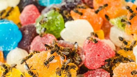 bees on jelly mix sugar roll up sweet jelly and flavor fruitの写真素材