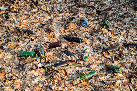 dirty plastic and glass bottles thrown into the forestの写真素材