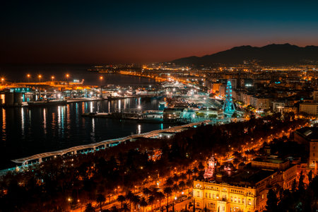 Malaga city at night , Spainの写真素材