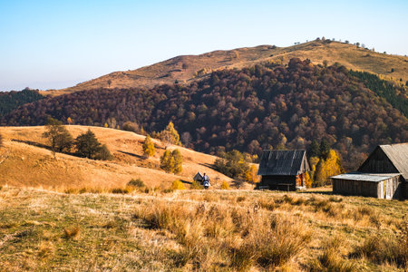 hills in the fall season, Fantanele village, Sibiu county, Romaniaの写真素材