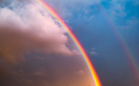 double rainbow in the sky with clouds and birdsの写真素材