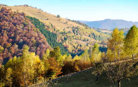 hills in the fall season, Fantanele village, Sibiu county, Romaniaの写真素材