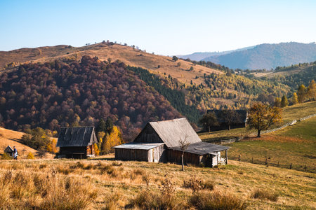 hills in the fall season, Fantanele village, Sibiu county, Romaniaの写真素材