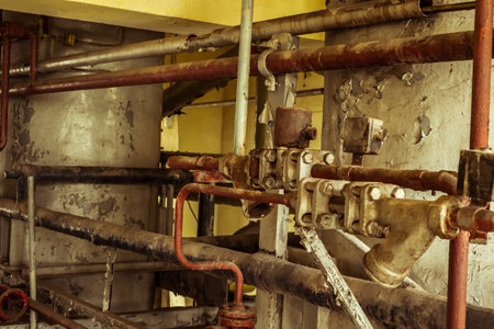 interior view of the abandoned factory with pipes and pots