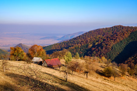 hills in the fall season, Fantanele village, Sibiu county, Romaniaの写真素材