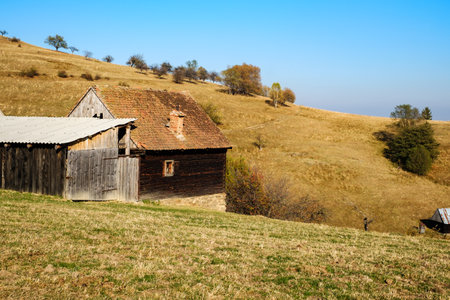 hills in the fall season, Fantanele village, Sibiu county, Romaniaの写真素材