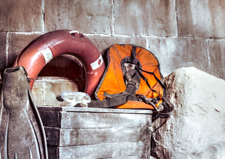Old diving and safety equipmentの写真素材