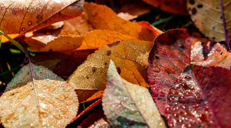 red autumn leaves fallen to the groundの写真素材