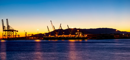 View of Malaga port in night, long exposure,, Spainの写真素材