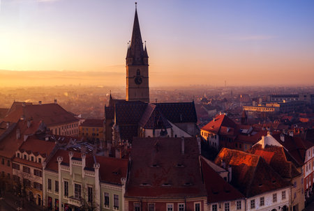sunset evening over the Sibiu city, Romaniaの写真素材