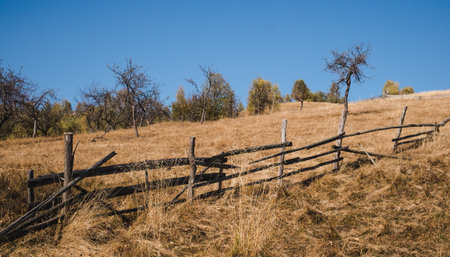 old wooden fence damaged in the wild, Fantanele village area, Sibiu county, Romaniaの写真素材