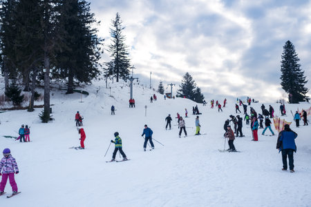Paltinis Arena Platos, Romania - January 11, 2020. Lots of people on a mountain slope at ski resort in Paltinis Arena Platos. Paltinis Arena Platos is a most popular ski resort in Sibiu, Romaniaのeditorial素材