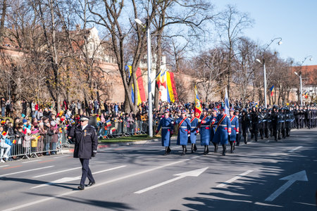 Sibiu, Romania - December 1, 2019. Military Parade on National Day of Romania, 1 December, on Corneliu Coposu Boulevard from Sibiu centerのeditorial素材