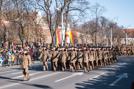 Sibiu, Romania - December 1, 2019. Military Parade on National Day of Romania, 1 December, on Corneliu Coposu Boulevard from Sibiu centerのeditorial素材