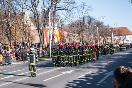 Sibiu, Romania - December 1, 2019. Military Parade on National Day of Romania, 1 December, on Corneliu Coposu Boulevard from Sibiu centerのeditorial素材