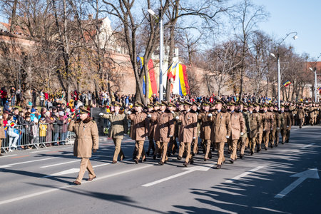 Sibiu, Romania - December 1, 2019. Military Parade on National Day of Romania, 1 December, on Corneliu Coposu Boulevard from Sibiu centerのeditorial素材