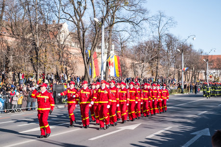 Sibiu, Romania - December 1, 2019. Military Parade on National Day of Romania, 1 December, on Corneliu Coposu Boulevard from Sibiu centerのeditorial素材