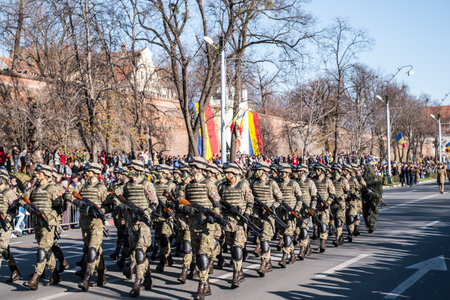 Sibiu, Romania - December 1, 2019. Military Parade on National Day of Romania, 1 December, on Corneliu Coposu Boulevard from Sibiu centerのeditorial素材