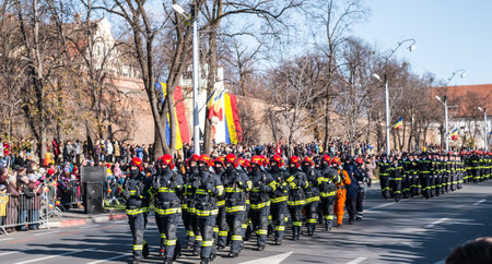 Sibiu, Romania - December 1, 2019. Military Parade on National Day of Romania, 1 December, on Corneliu Coposu Boulevard from Sibiu centerのeditorial素材