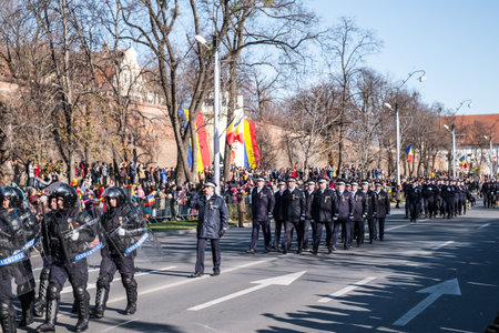 Sibiu, Romania - December 1, 2019. Military Parade on National Day of Romania, 1 December, on Corneliu Coposu Boulevard from Sibiu centerのeditorial素材