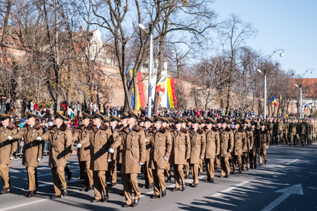 Sibiu, Romania - December 1, 2019. Military Parade on National Day of Romania, 1 December, on Corneliu Coposu Boulevard from Sibiu centerのeditorial素材