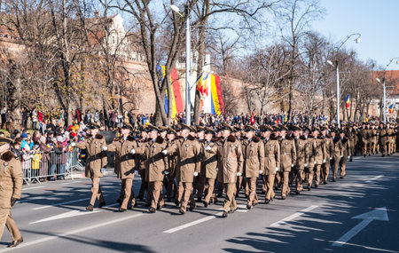 Sibiu, Romania - December 1, 2019. Military Parade on National Day of Romania, 1 December, on Corneliu Coposu Boulevard from Sibiu centerのeditorial素材