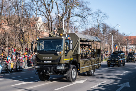 Sibiu, Romania - December 1, 2019. Military Parade on National Day of Romania, 1 December, on Corneliu Coposu Boulevard from Sibiu centerのeditorial素材