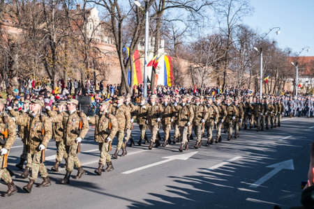 Sibiu, Romania - December 1, 2019. Military Parade on National Day of Romania, 1 December, on Corneliu Coposu Boulevard from Sibiu centerのeditorial素材