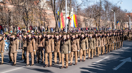 Sibiu, Romania - December 1, 2019. Military Parade on National Day of Romania, 1 December, on Corneliu Coposu Boulevard from Sibiu centerのeditorial素材