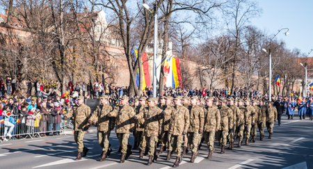 Sibiu, Romania - December 1, 2019. Military Parade on National Day of Romania, 1 December, on Corneliu Coposu Boulevard from Sibiu centerのeditorial素材