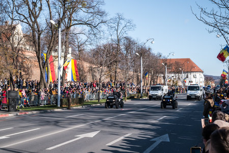 Sibiu, Romania - December 1, 2019. Military Parade on National Day of Romania, 1 December, on Corneliu Coposu Boulevard from Sibiu centerのeditorial素材