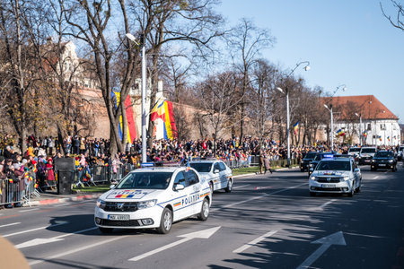 Sibiu, Romania - December 1, 2019. Military Parade on National Day of Romania, 1 December, on Corneliu Coposu Boulevard from Sibiu centerのeditorial素材
