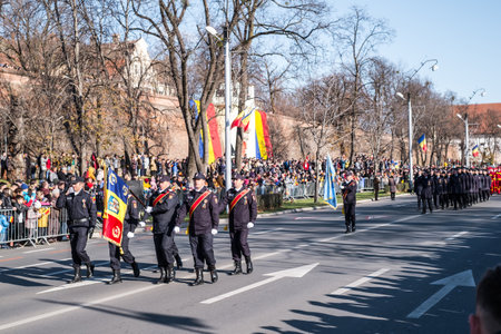 Sibiu, Romania - December 1, 2019. Military Parade on National Day of Romania, 1 December, on Corneliu Coposu Boulevard from Sibiu centerのeditorial素材