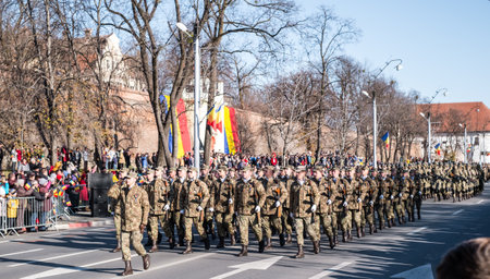 Sibiu, Romania - December 1, 2019. Military Parade on National Day of Romania, 1 December, on Corneliu Coposu Boulevard from Sibiu centerのeditorial素材