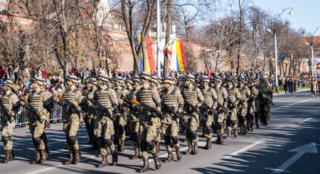Sibiu, Romania - December 1, 2019. Military Parade on National Day of Romania, 1 December, on Corneliu Coposu Boulevard from Sibiu centerのeditorial素材