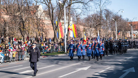 Sibiu, Romania - December 1, 2019. Military Parade on National Day of Romania, 1 December, on Corneliu Coposu Boulevard from Sibiu centerのeditorial素材