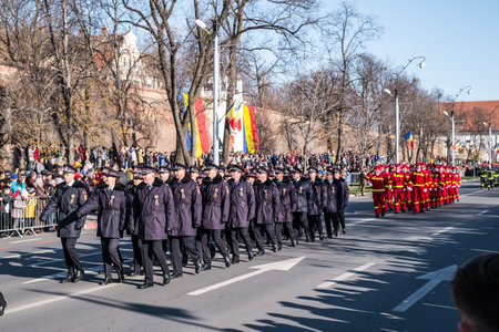 Sibiu, Romania - December 1, 2019. Military Parade on National Day of Romania, 1 December, on Corneliu Coposu Boulevard from Sibiu centerのeditorial素材