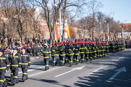 Sibiu, Romania - December 1, 2019. Military Parade on National Day of Romania, 1 December, on Corneliu Coposu Boulevard from Sibiu centerのeditorial素材