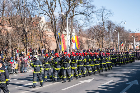 Sibiu, Romania - December 1, 2019. Military Parade on National Day of Romania, 1 December, on Corneliu Coposu Boulevard from Sibiu centerのeditorial素材