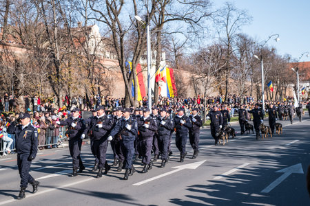 Sibiu, Romania - December 1, 2019. Military Parade on National Day of Romania, 1 December, on Corneliu Coposu Boulevard from Sibiu centerのeditorial素材