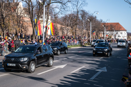 Sibiu, Romania - December 1, 2019. Military Parade on National Day of Romania, 1 December, on Corneliu Coposu Boulevard from Sibiu centerのeditorial素材