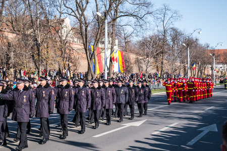 Sibiu, Romania - December 1, 2019. Military Parade on National Day of Romania, 1 December, on Corneliu Coposu Boulevard from Sibiu centerのeditorial素材