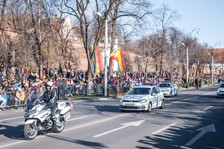 Sibiu, Romania - December 1, 2019. Military Parade on National Day of Romania, 1 December, on Corneliu Coposu Boulevard from Sibiu centerのeditorial素材