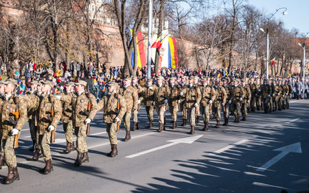 Sibiu, Romania - December 1, 2019. Military Parade on National Day of Romania, 1 December, on Corneliu Coposu Boulevard from Sibiu centerのeditorial素材