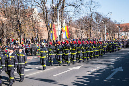 Sibiu, Romania - December 1, 2019. Military Parade on National Day of Romania, 1 December, on Corneliu Coposu Boulevard from Sibiu centerのeditorial素材