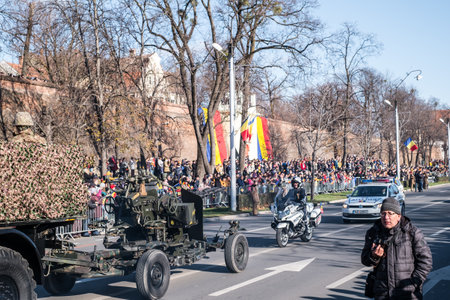 Sibiu, Romania - December 1, 2019. Military Parade on National Day of Romania, 1 December, on Corneliu Coposu Boulevard from Sibiu centerのeditorial素材